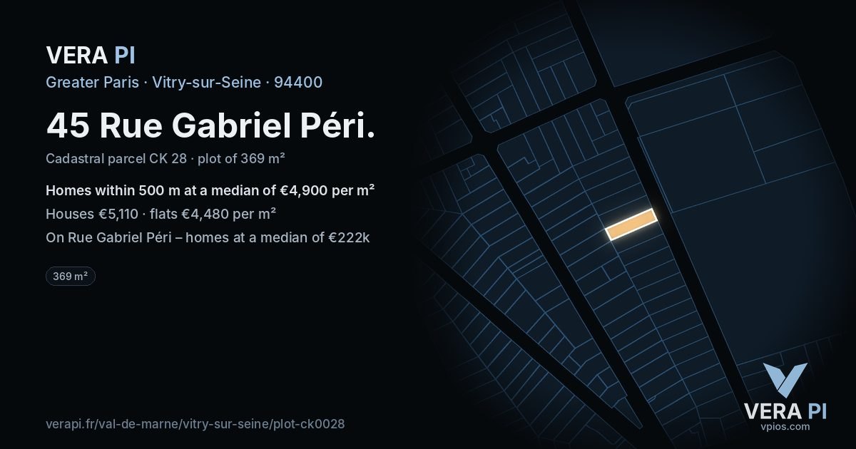 45 Rue Gabriel Péri, Vitry-sur-Seine at night – the plot lit, the parcels around coloured by the prices near them