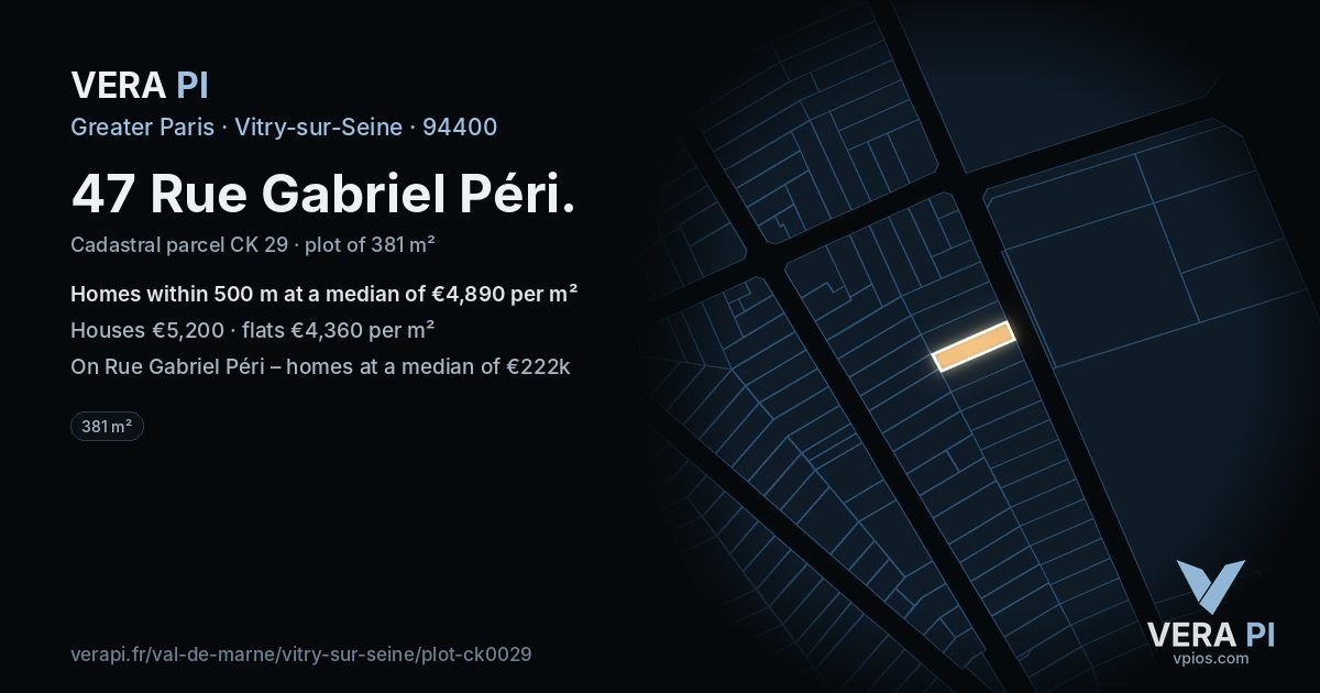 47 Rue Gabriel Péri, Vitry-sur-Seine at night – the plot lit, the parcels around coloured by the prices near them
