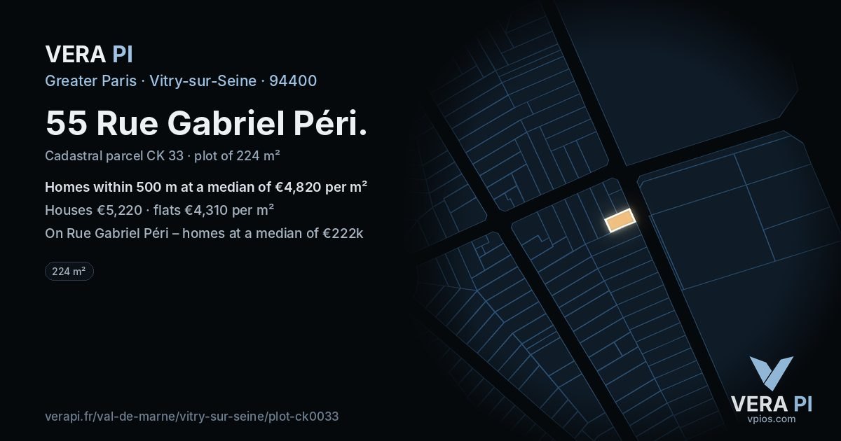 55 Rue Gabriel Péri, Vitry-sur-Seine at night – the plot lit, the parcels around coloured by the prices near them