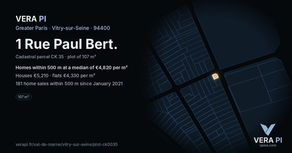 1 Rue Paul Bert, Vitry-sur-Seine at night – the plot lit, the parcels around coloured by the prices near them