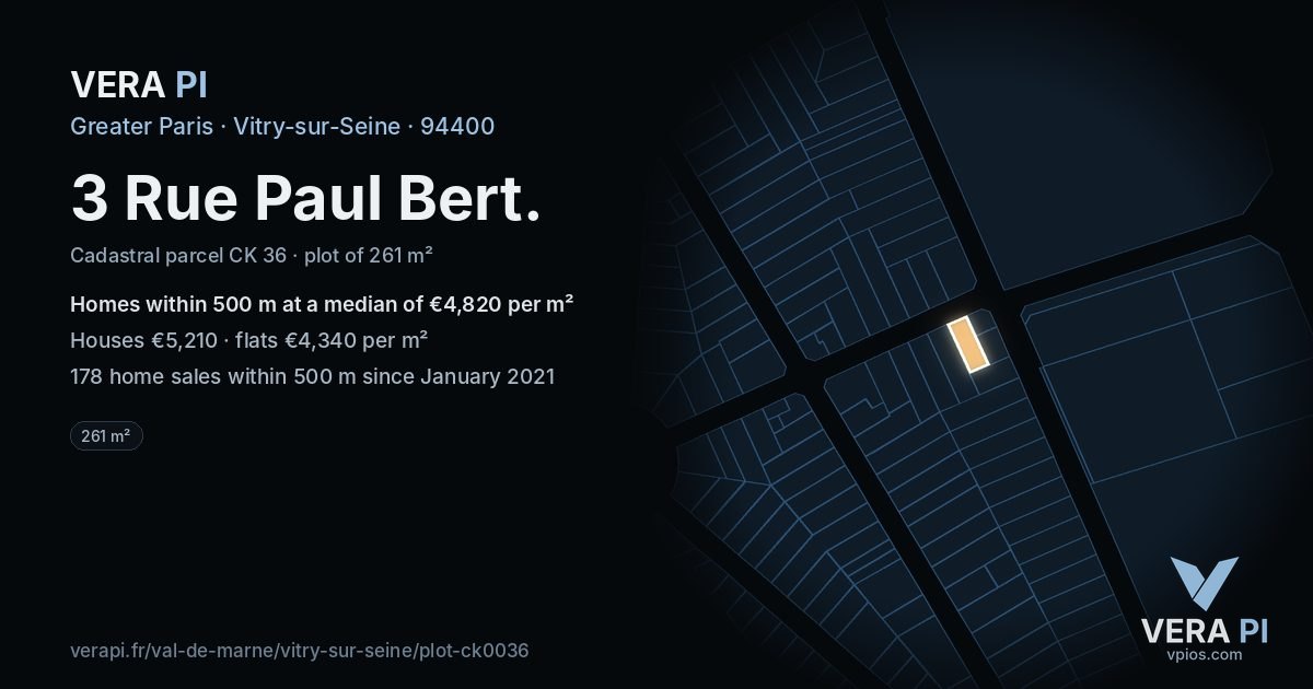 3 Rue Paul Bert, Vitry-sur-Seine at night – the plot lit, the parcels around coloured by the prices near them