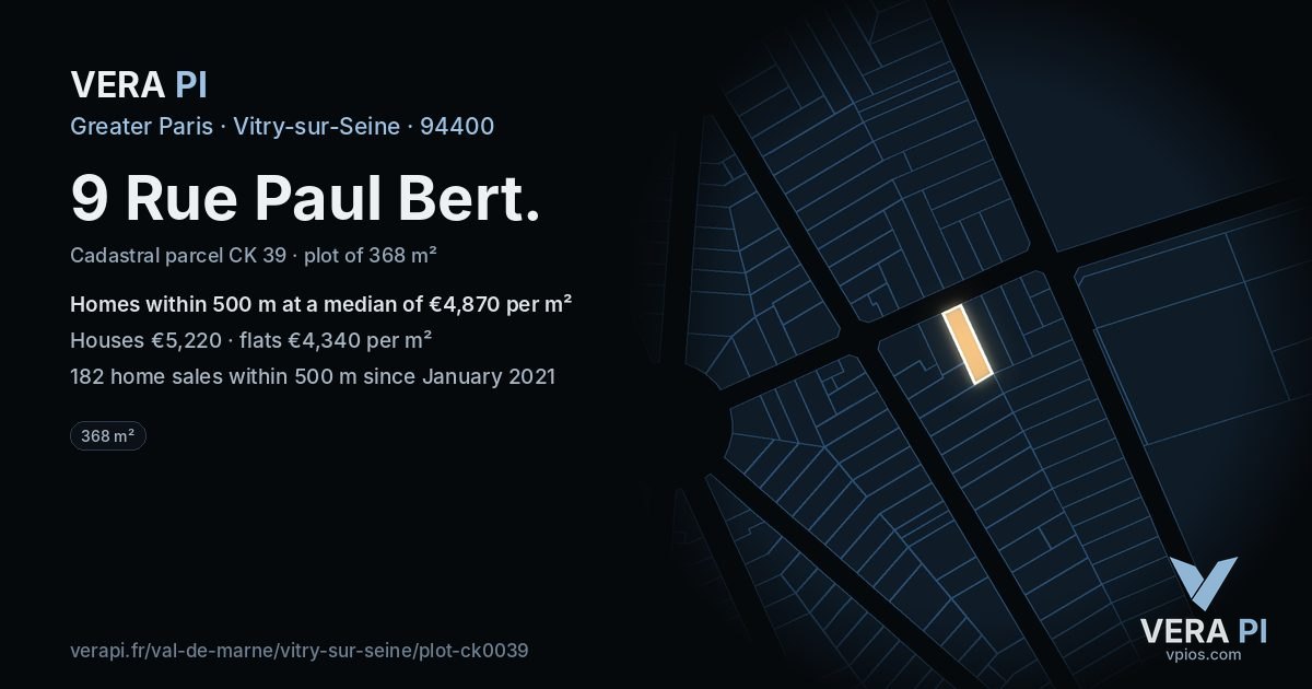 9 Rue Paul Bert, Vitry-sur-Seine at night – the plot lit, the parcels around coloured by the prices near them