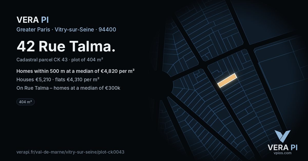 42 Rue Talma, Vitry-sur-Seine at night – the plot lit, the parcels around coloured by the prices near them