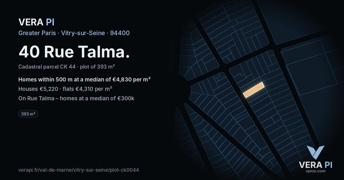 40 Rue Talma, Vitry-sur-Seine at night – the plot lit, the parcels around coloured by the prices near them
