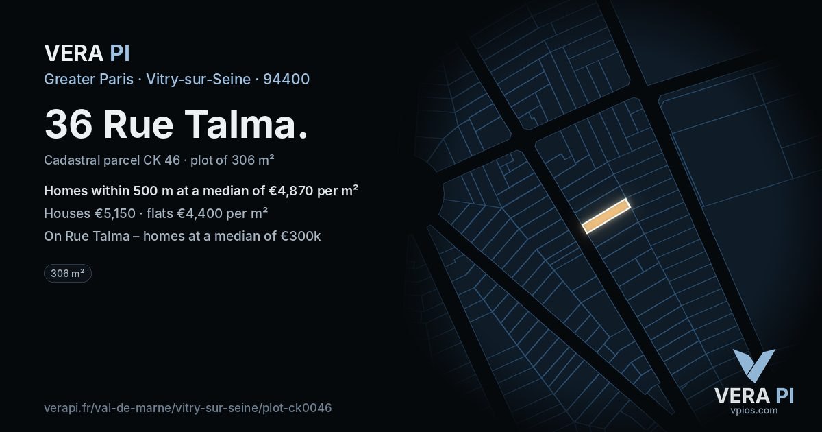 36 Rue Talma, Vitry-sur-Seine at night – the plot lit, the parcels around coloured by the prices near them