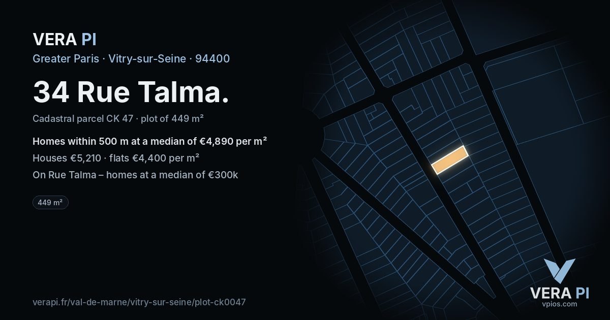 34 Rue Talma, Vitry-sur-Seine at night – the plot lit, the parcels around coloured by the prices near them