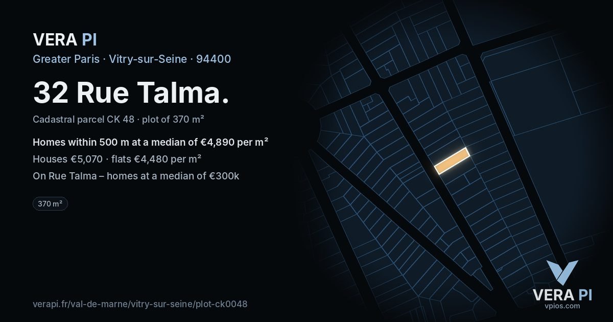 32 Rue Talma, Vitry-sur-Seine at night – the plot lit, the parcels around coloured by the prices near them