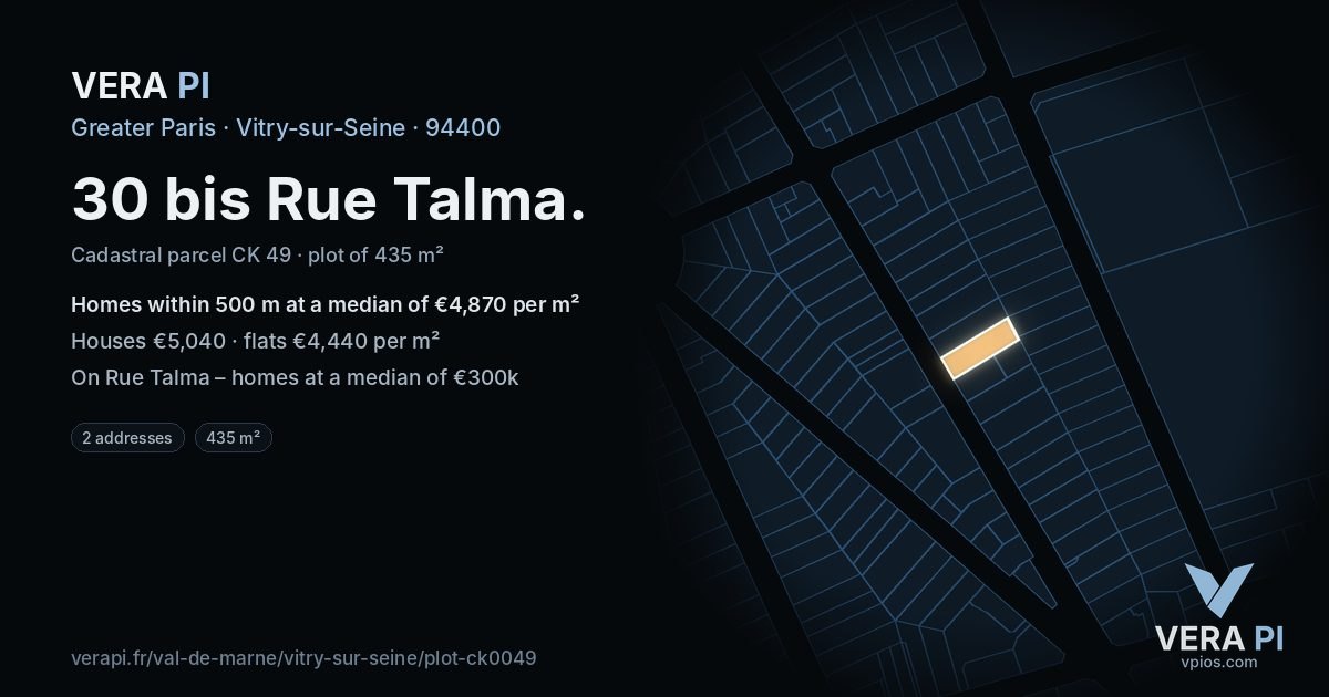30 bis Rue Talma, Vitry-sur-Seine at night – the plot lit, the parcels around coloured by the prices near them
