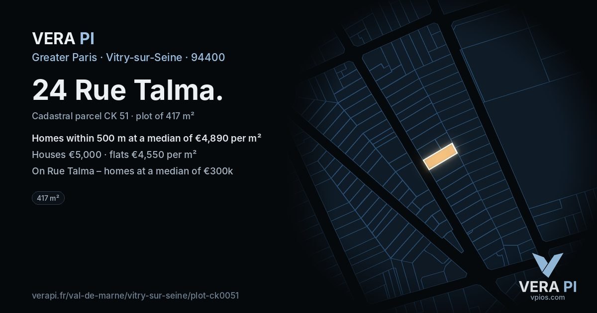 24 Rue Talma, Vitry-sur-Seine at night – the plot lit, the parcels around coloured by the prices near them