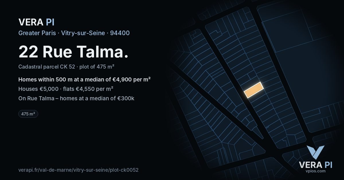 22 Rue Talma, Vitry-sur-Seine at night – the plot lit, the parcels around coloured by the prices near them