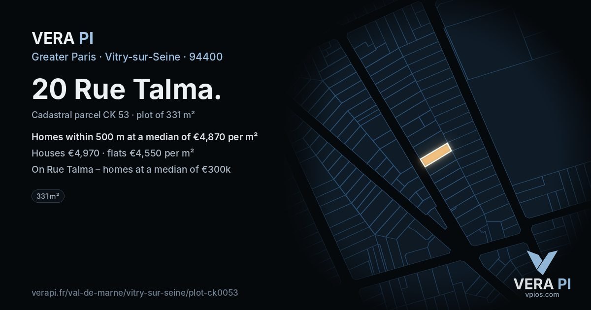 20 Rue Talma, Vitry-sur-Seine at night – the plot lit, the parcels around coloured by the prices near them