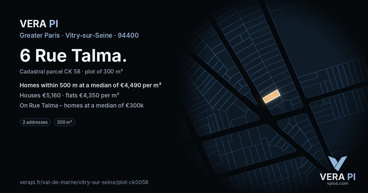 6 Rue Talma, Vitry-sur-Seine at night – the plot lit, the parcels around coloured by the prices near them