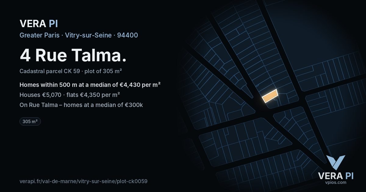 4 Rue Talma, Vitry-sur-Seine at night – the plot lit, the parcels around coloured by the prices near them