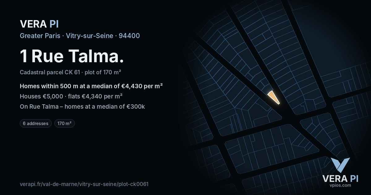 1 Rue Talma, Vitry-sur-Seine at night – the plot lit, the parcels around coloured by the prices near them
