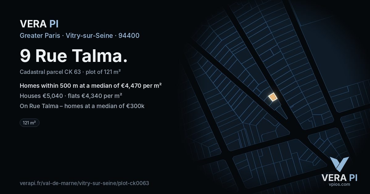 9 Rue Talma, Vitry-sur-Seine at night – the plot lit, the parcels around coloured by the prices near them