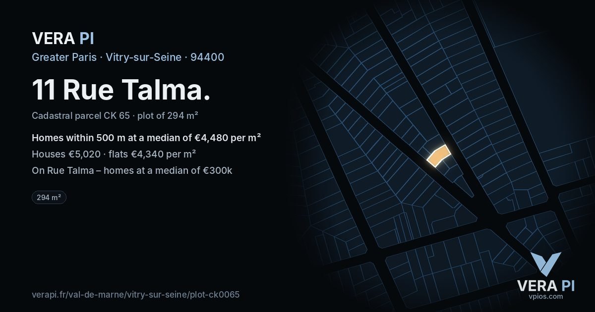 11 Rue Talma, Vitry-sur-Seine at night – the plot lit, the parcels around coloured by the prices near them