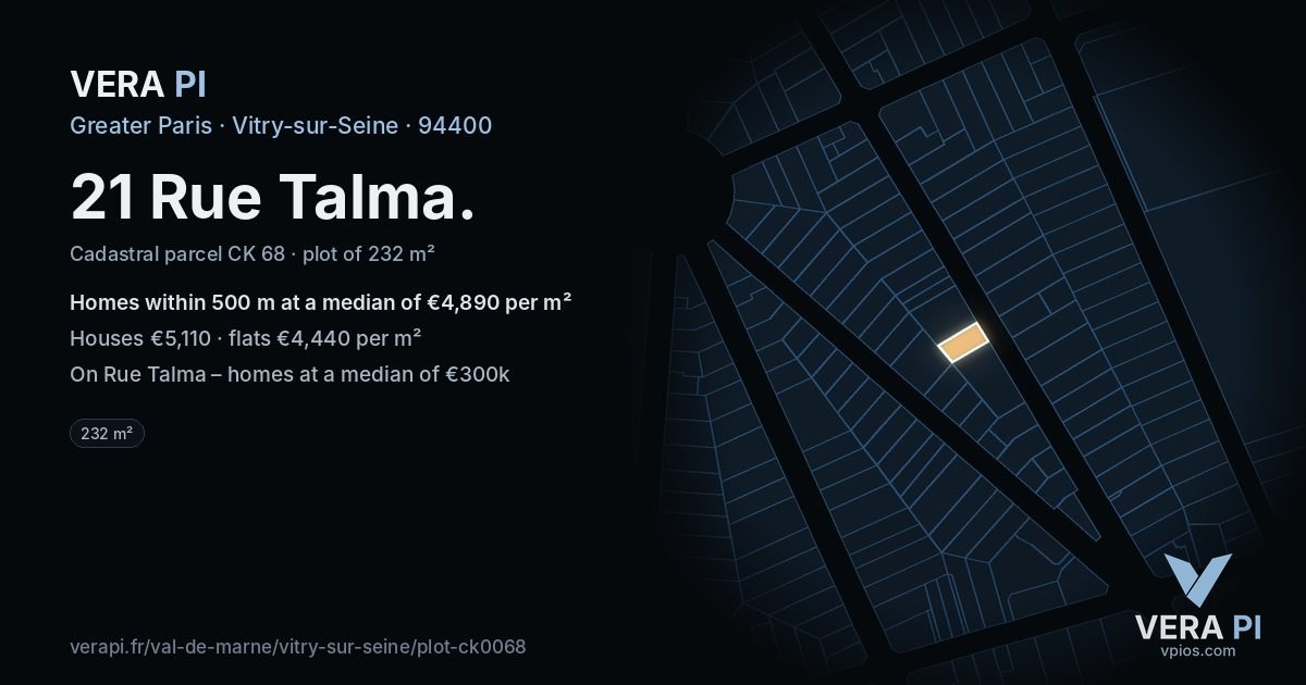 21 Rue Talma, Vitry-sur-Seine at night – the plot lit, the parcels around coloured by the prices near them