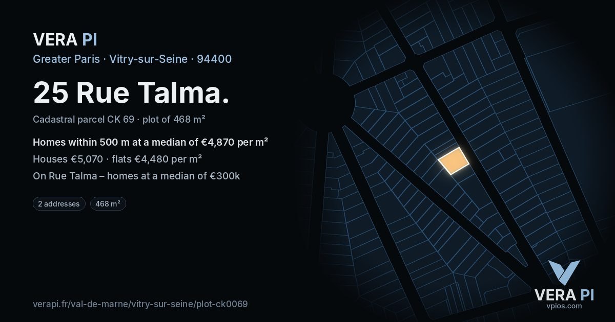 25 Rue Talma, Vitry-sur-Seine at night – the plot lit, the parcels around coloured by the prices near them