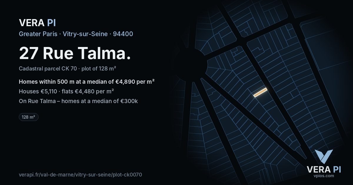 27 Rue Talma, Vitry-sur-Seine at night – the plot lit, the parcels around coloured by the prices near them
