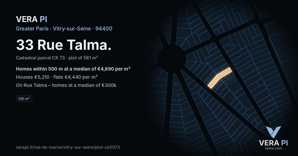 33 Rue Talma, Vitry-sur-Seine at night – the plot lit, the parcels around coloured by the prices near them