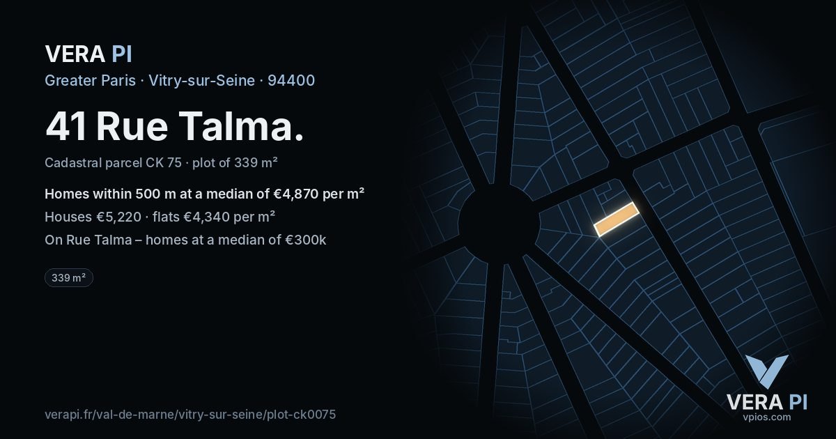 41 Rue Talma, Vitry-sur-Seine at night – the plot lit, the parcels around coloured by the prices near them