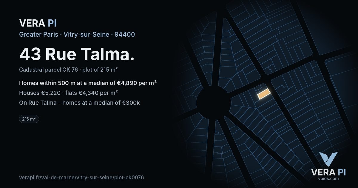 43 Rue Talma, Vitry-sur-Seine at night – the plot lit, the parcels around coloured by the prices near them