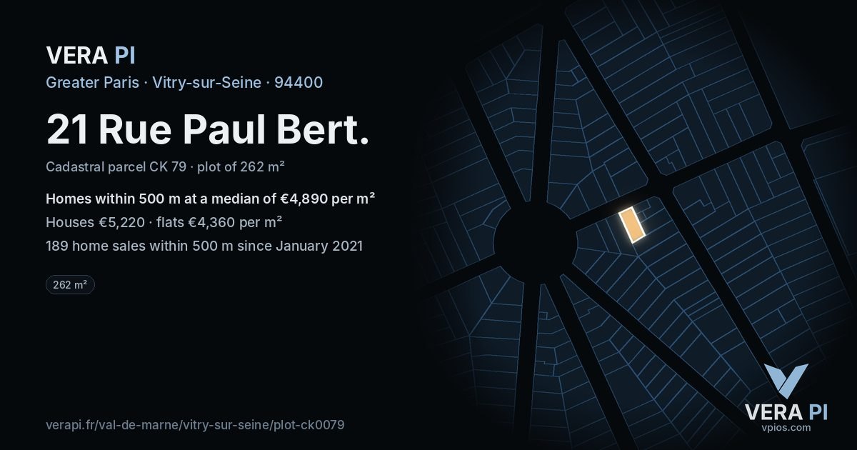 21 Rue Paul Bert, Vitry-sur-Seine at night – the plot lit, the parcels around coloured by the prices near them