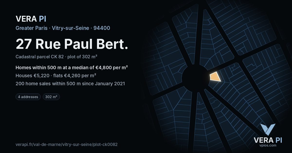 27 Rue Paul Bert, Vitry-sur-Seine at night – the plot lit, the parcels around coloured by the prices near them