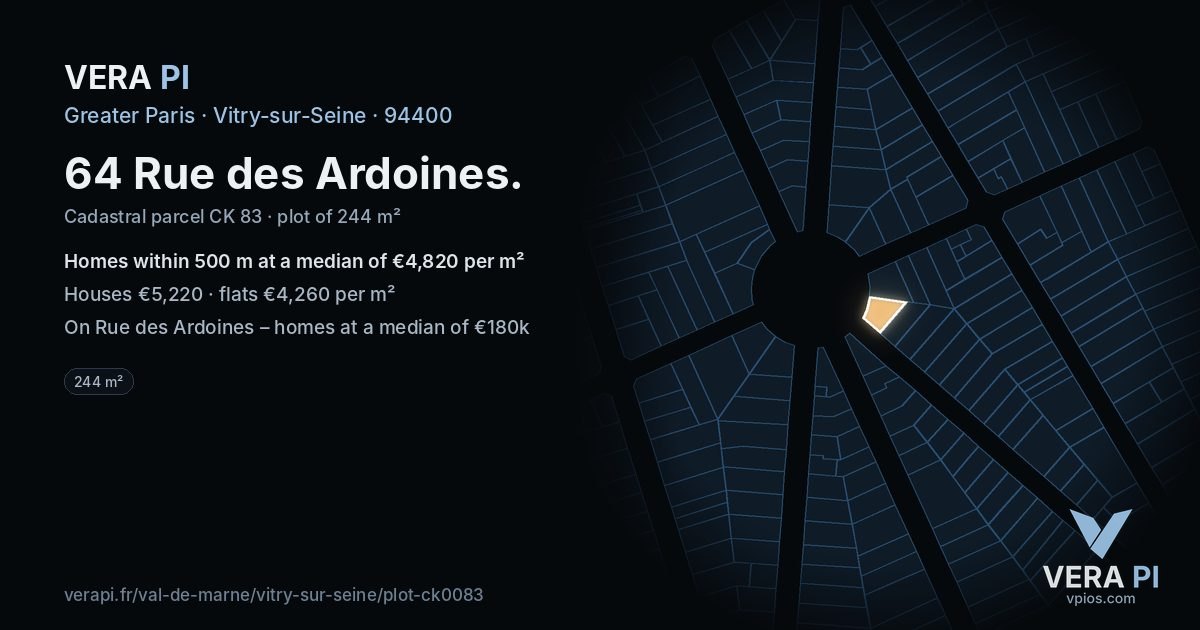 64 Rue des Ardoines, Vitry-sur-Seine at night – the plot lit, the parcels around coloured by the prices near them