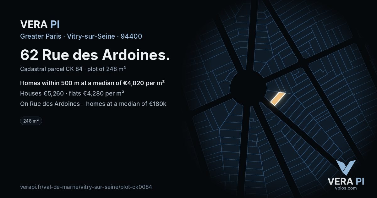 62 Rue des Ardoines, Vitry-sur-Seine at night – the plot lit, the parcels around coloured by the prices near them