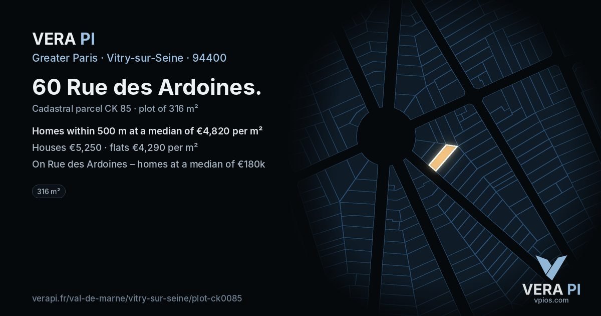 60 Rue des Ardoines, Vitry-sur-Seine at night – the plot lit, the parcels around coloured by the prices near them