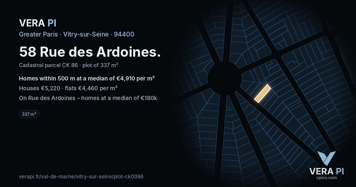 58 Rue des Ardoines, Vitry-sur-Seine at night – the plot lit, the parcels around coloured by the prices near them