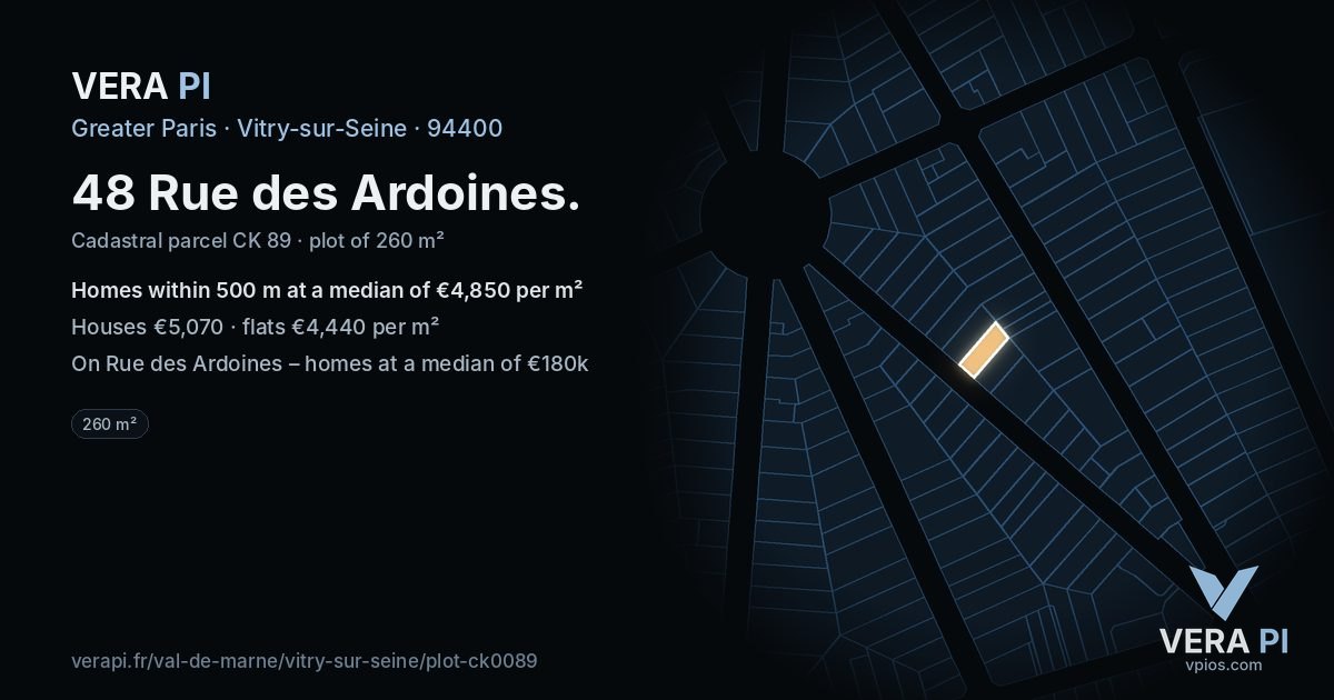 48 Rue des Ardoines, Vitry-sur-Seine at night – the plot lit, the parcels around coloured by the prices near them