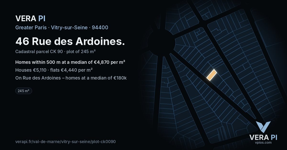 46 Rue des Ardoines, Vitry-sur-Seine at night – the plot lit, the parcels around coloured by the prices near them