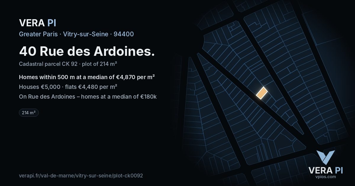 40 Rue des Ardoines, Vitry-sur-Seine at night – the plot lit, the parcels around coloured by the prices near them