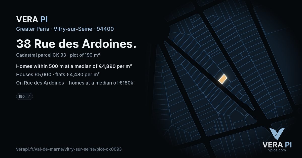 38 Rue des Ardoines, Vitry-sur-Seine at night – the plot lit, the parcels around coloured by the prices near them
