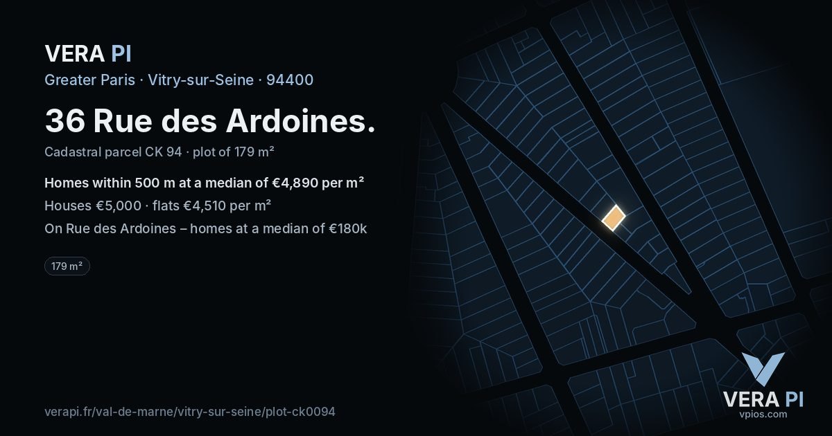 36 Rue des Ardoines, Vitry-sur-Seine at night – the plot lit, the parcels around coloured by the prices near them
