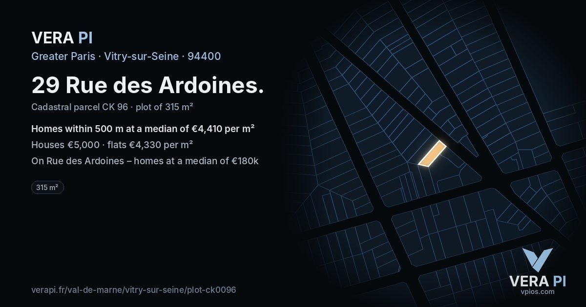 29 Rue des Ardoines, Vitry-sur-Seine at night – the plot lit, the parcels around coloured by the prices near them