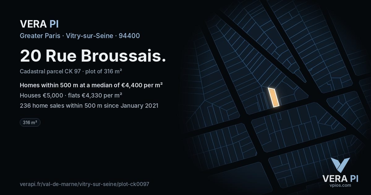 20 Rue Broussais, Vitry-sur-Seine at night – the plot lit, the parcels around coloured by the prices near them