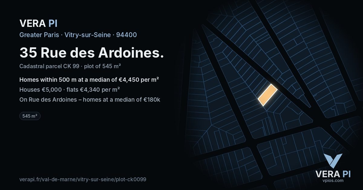 35 Rue des Ardoines, Vitry-sur-Seine at night – the plot lit, the parcels around coloured by the prices near them