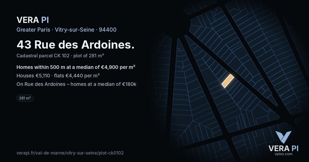 43 Rue des Ardoines, Vitry-sur-Seine at night – the plot lit, the parcels around coloured by the prices near them