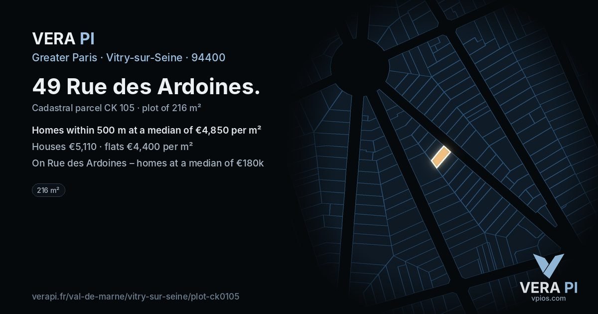 49 Rue des Ardoines, Vitry-sur-Seine at night – the plot lit, the parcels around coloured by the prices near them