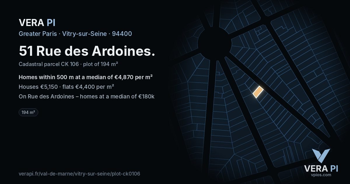51 Rue des Ardoines, Vitry-sur-Seine at night – the plot lit, the parcels around coloured by the prices near them