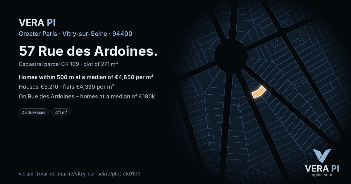 57 Rue des Ardoines, Vitry-sur-Seine at night – the plot lit, the parcels around coloured by the prices near them