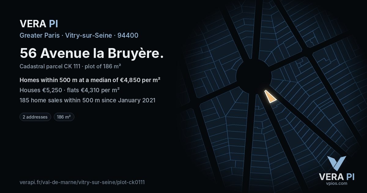 56 Avenue la Bruyère, Vitry-sur-Seine at night – the plot lit, the parcels around coloured by the prices near them