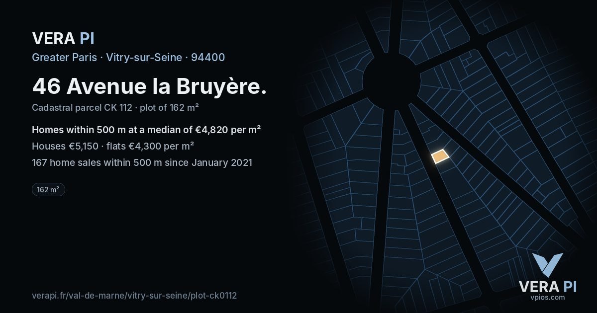 46 Avenue la Bruyère, Vitry-sur-Seine at night – the plot lit, the parcels around coloured by the prices near them