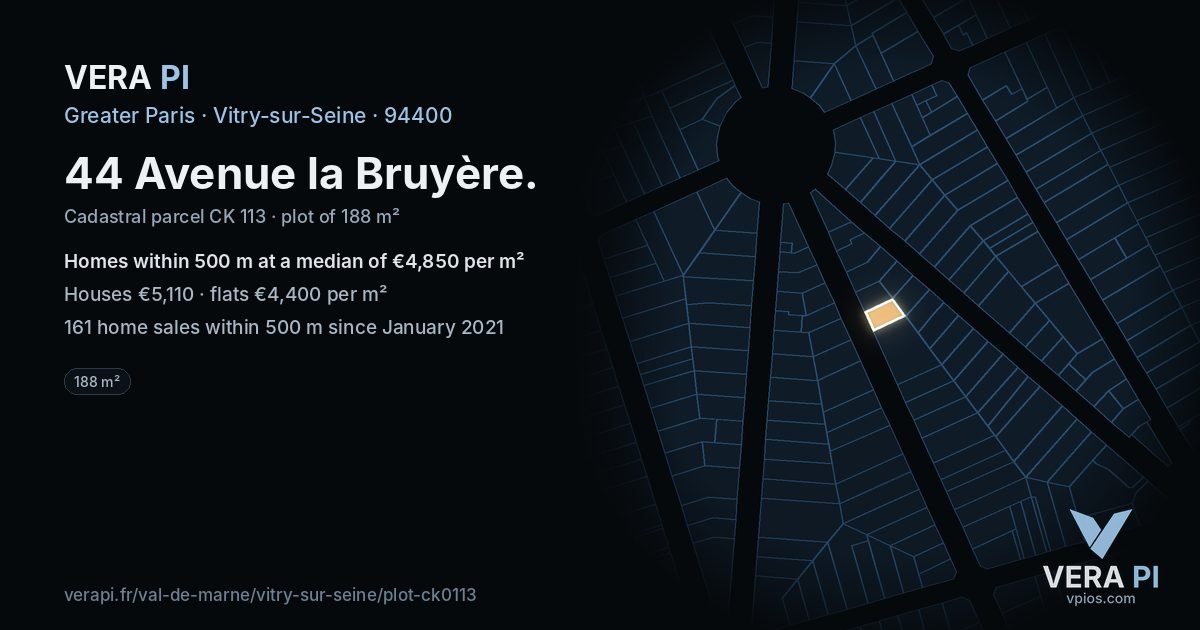 44 Avenue la Bruyère, Vitry-sur-Seine at night – the plot lit, the parcels around coloured by the prices near them