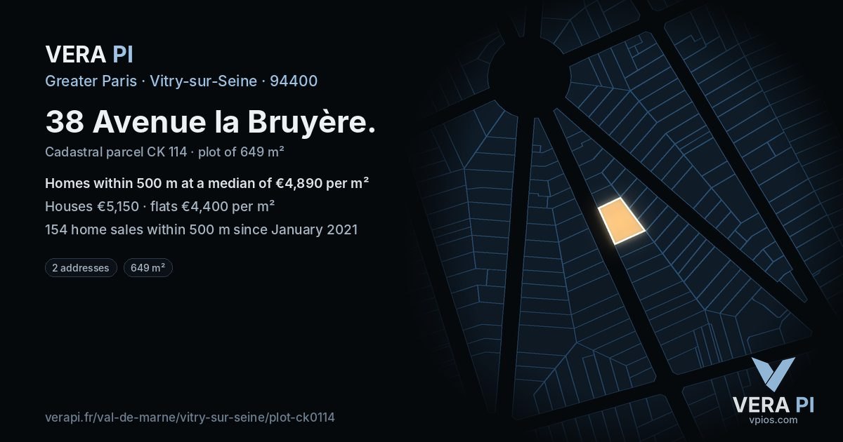 38 Avenue la Bruyère, Vitry-sur-Seine at night – the plot lit, the parcels around coloured by the prices near them