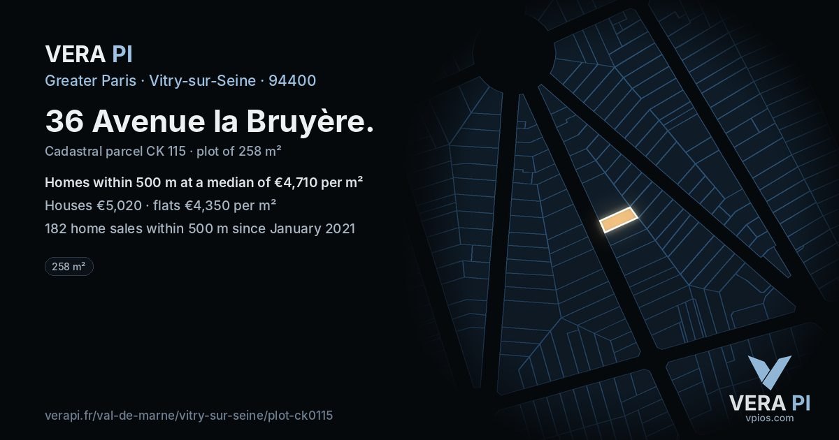 36 Avenue la Bruyère, Vitry-sur-Seine at night – the plot lit, the parcels around coloured by the prices near them