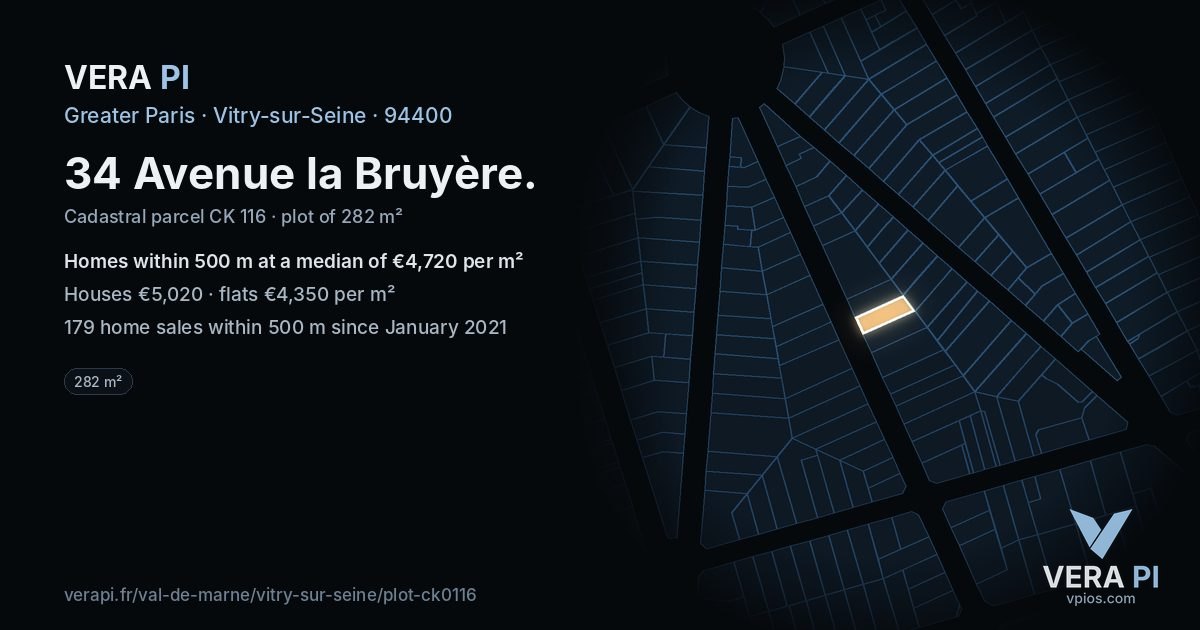 34 Avenue la Bruyère, Vitry-sur-Seine at night – the plot lit, the parcels around coloured by the prices near them